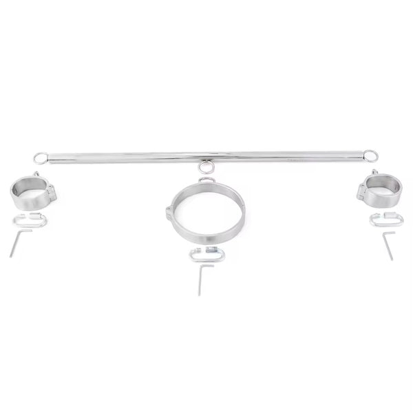 Stainless steel SM bondage neck collar with handcuffs bdsm spreader bar