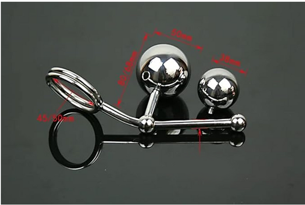 Stainless Steel Metal Dual Anal Ball,Fetish Chastity Anal Hook with Penis Ring