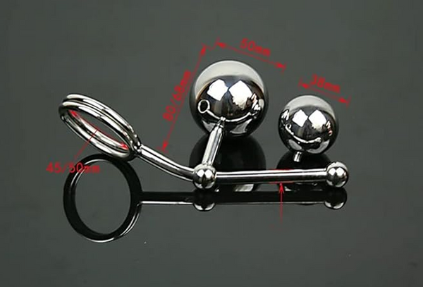 Stainless Steel Metal Dual Anal Ball,Fetish Chastity Anal Hook with Penis Ring