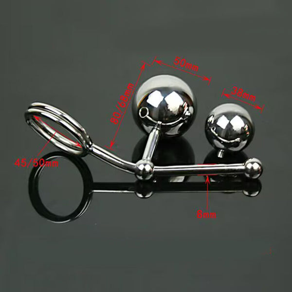 Stainless Steel Metal Dual Anal Ball,Fetish Chastity Anal Hook with Penis Ring