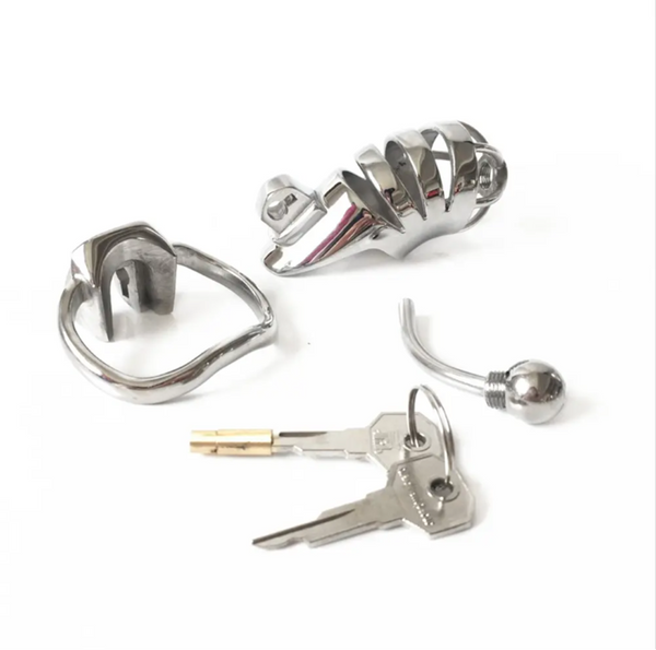 Male Stainless Steel Cock Cage Penis Ring Chastity Device catheter with Stealth