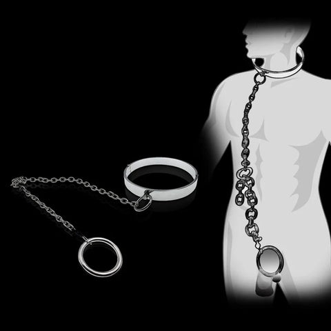 Metal Bondage Cosplay Neck Collar With Long Chain Cbt Bdsm Cock Ring For Couple Game