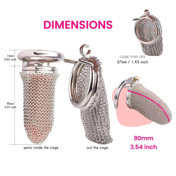 Mesh Net Chain Mail Shape Metal Chastity Cage Device 4 Size and Style Ring, Auxiliary Belt, Spiked Anti-Escape Ring, Ball Seperator