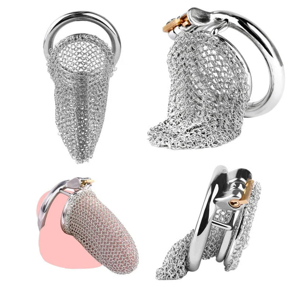 Mesh Net Chain Mail Shape Metal Chastity Cage Device 4 Size and Style Ring, Auxiliary Belt, Spiked Anti-Escape Ring, Ball Seperator