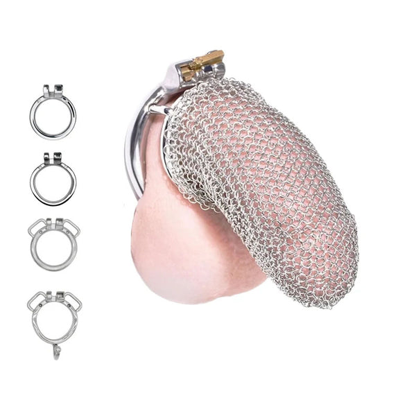 Mesh Net Chain Mail Shape Metal Chastity Cage Device 4 Size and Style Ring, Auxiliary Belt, Spiked Anti-Escape Ring, Ball Seperator