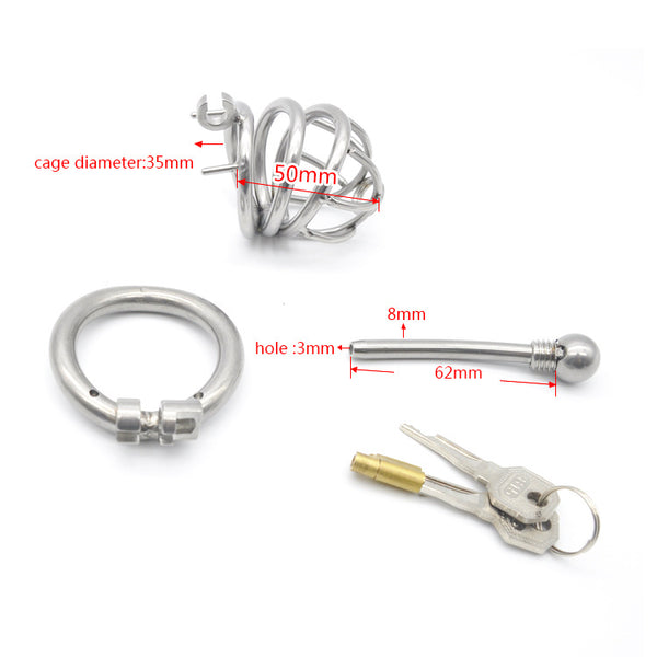 Locked Penis Chastity Device with Cather Stainless Steel Cock Cage