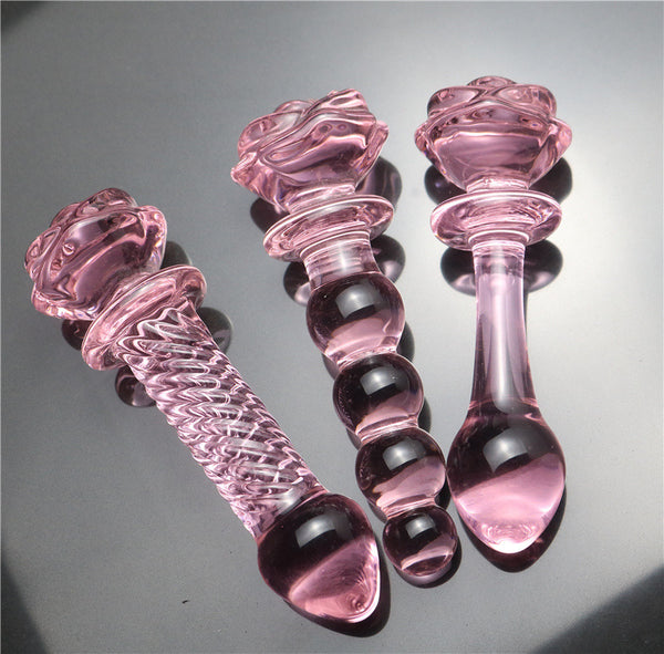 Pink Rose Flower Crystal Glass Dildo Vagina Masturbation Dildo Plug Sensual Oral Sex Toy For Women