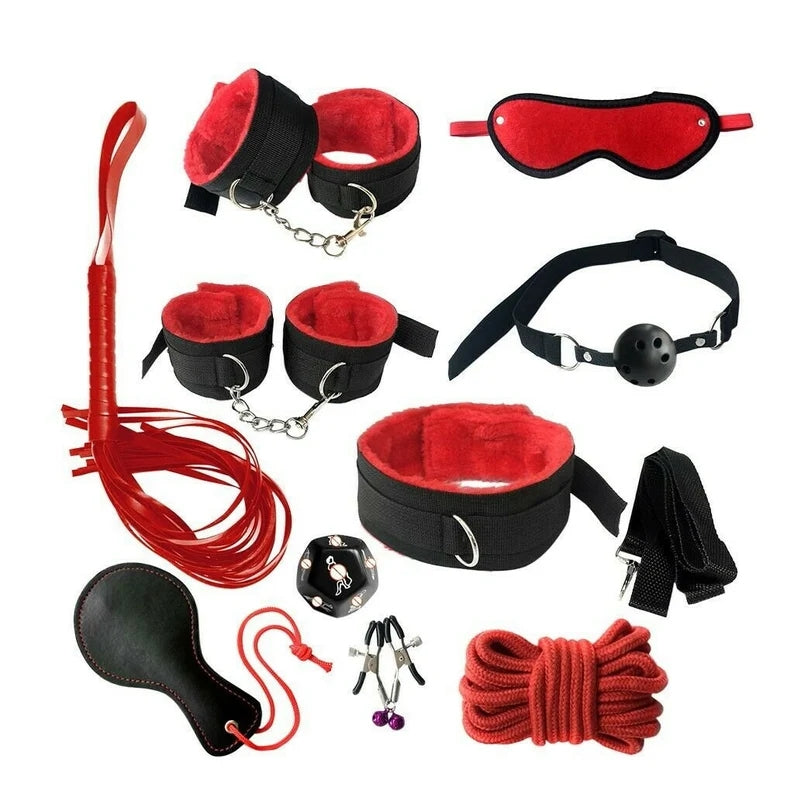 Harness 10 pc Set Women BDSM Set Restraints Set Bondage Kit Handcuffs Nipple Clamps Whip Gag Sex Toy Couples Kinky Cuffs Fetish Ankle Cuff
