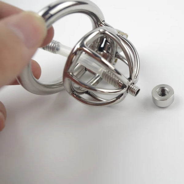 Male Chastity Device With Urethral Catheter Stainless Steel Cock Cage Penis Ring Lockable Small Penis for Men