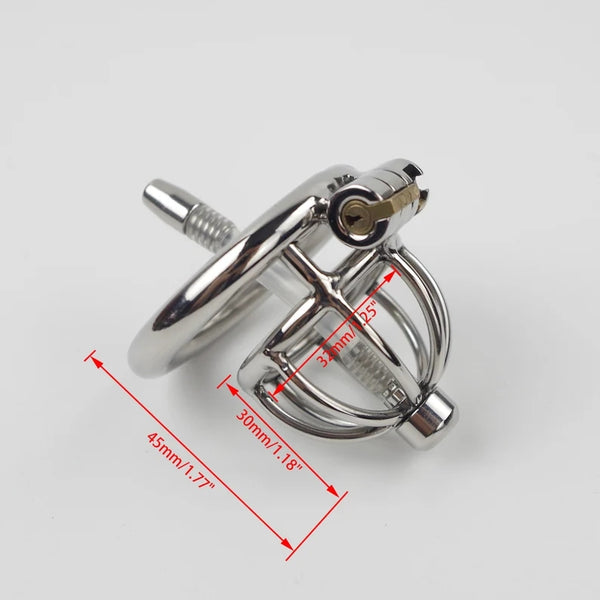 Male Chastity Device With Urethral Catheter Stainless Steel Cock Cage Penis Ring Lockable Small Penis for Men