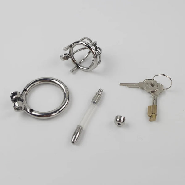 Male Chastity Device With Urethral Catheter Stainless Steel Cock Cage Penis Ring Lockable Small Penis for Men