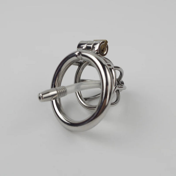 Male Chastity Device With Urethral Catheter Stainless Steel Cock Cage Penis Ring Lockable Small Penis for Men