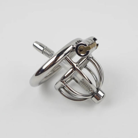 Male Chastity Device With Urethral Catheter Stainless Steel Cock Cage Penis Ring Lockable Small Penis for Men
