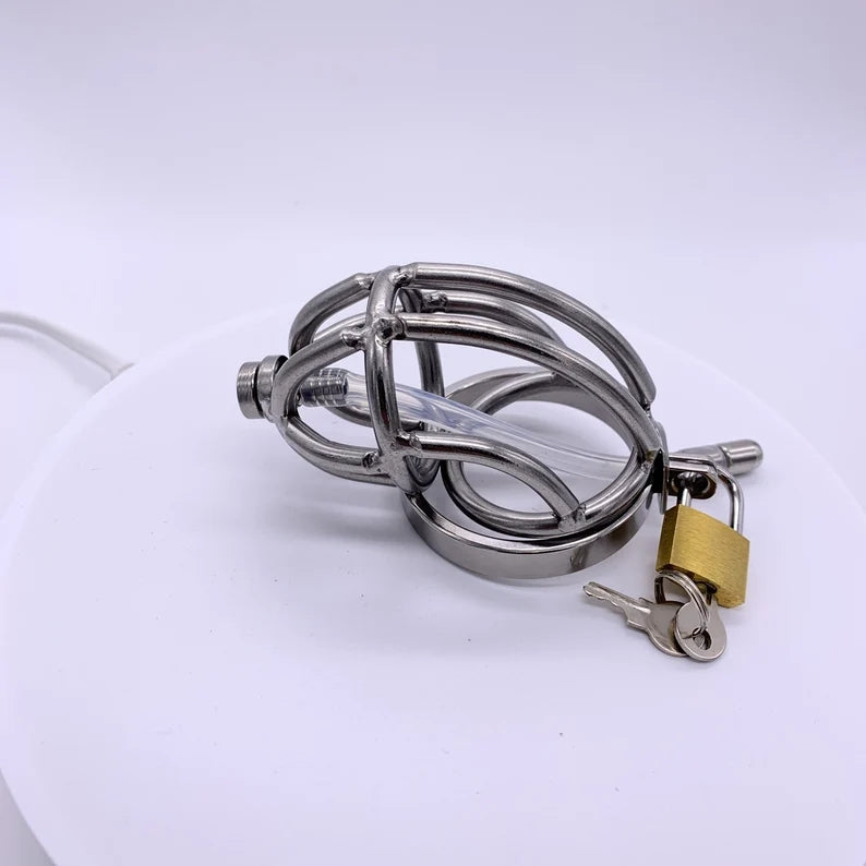 Stainless Steel Male Chastity Device Belt SM Cock Ring with Catheter