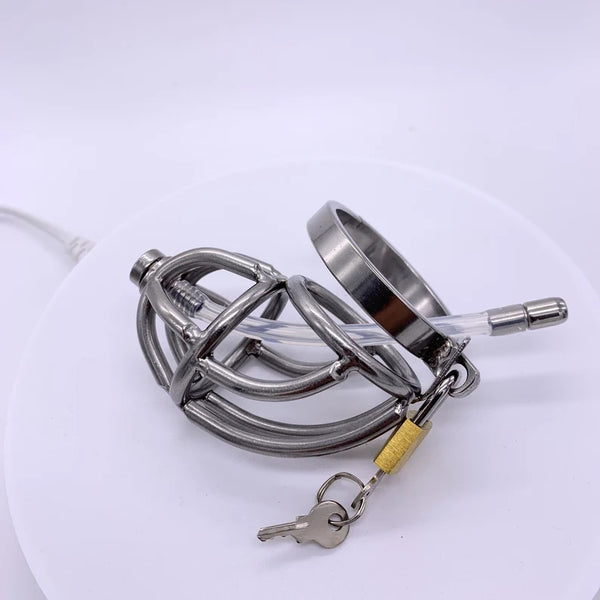 Stainless Steel Male Chastity Device Belt SM Cock Ring with Catheter