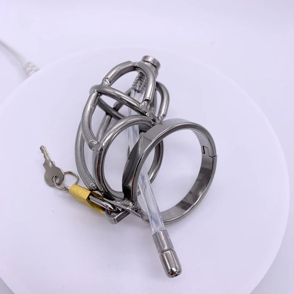 Stainless Steel Male Chastity Device Belt SM Cock Ring with Catheter