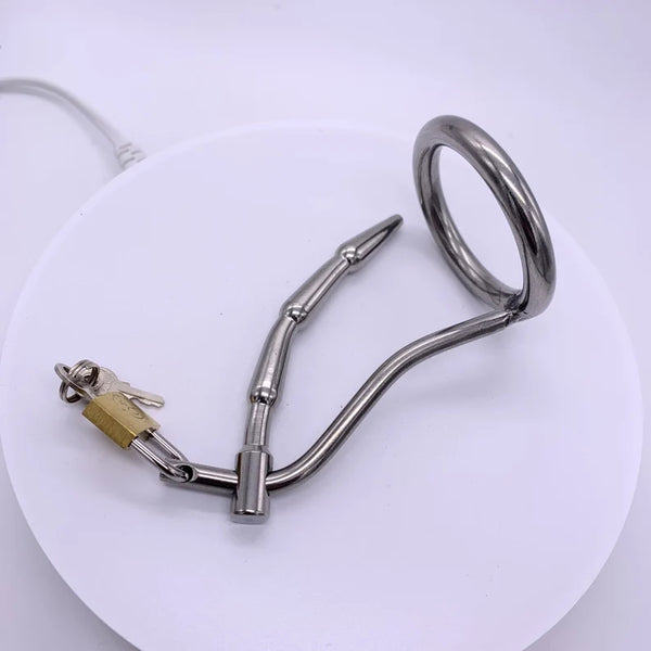 Stainless Steel Male Chastity Device with Urinary Plug,SM Cock Cage