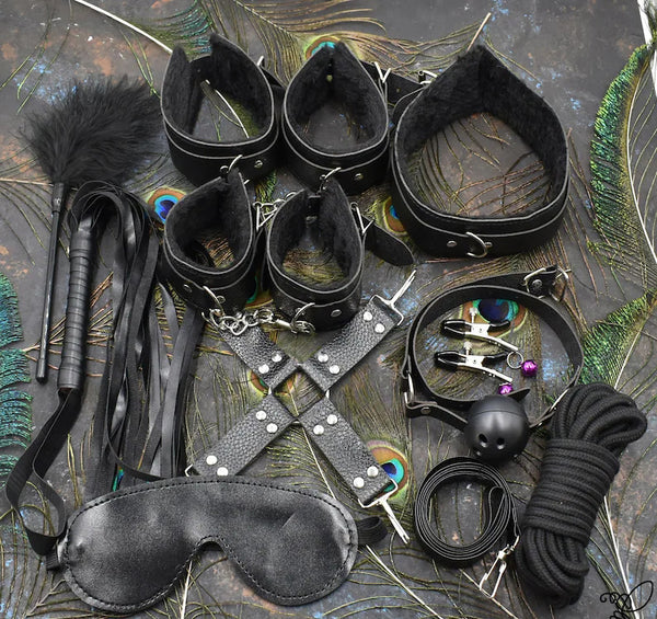 14 Piece Bondage BDSM Set Black, Leather, Sex Toys, Whip, Restraints, Cuffs, Gag, Adult, Rope