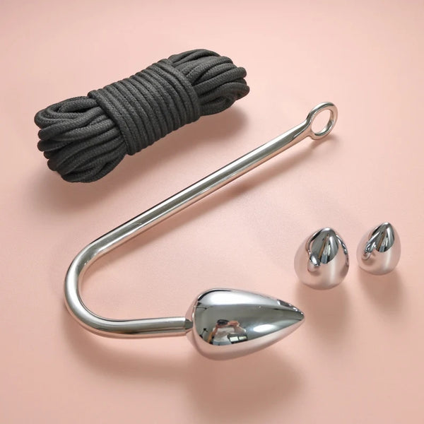 Stainless Steel Bondage Anal Hook with 3 Balls,Mature Fetish Rope Play