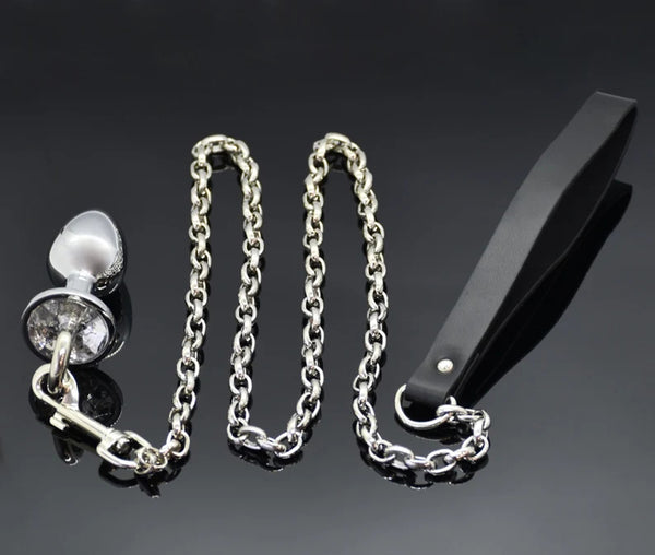 Butt plug with leash, metal butt plug with crystal, adult toys, anal plug