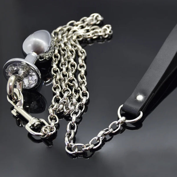 Butt plug with leash, metal butt plug with crystal, adult toys, anal plug