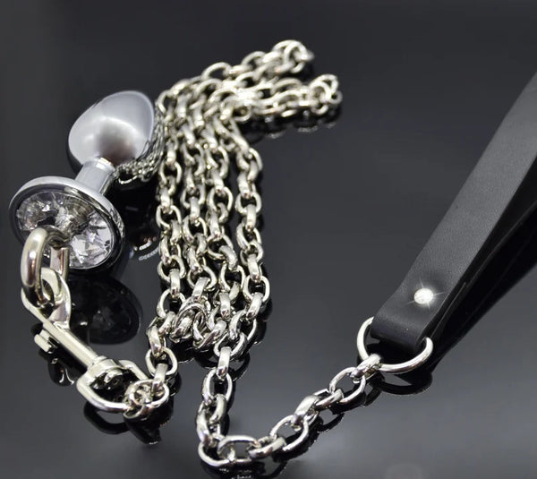 Butt plug with leash, metal butt plug with crystal, adult toys, anal plug