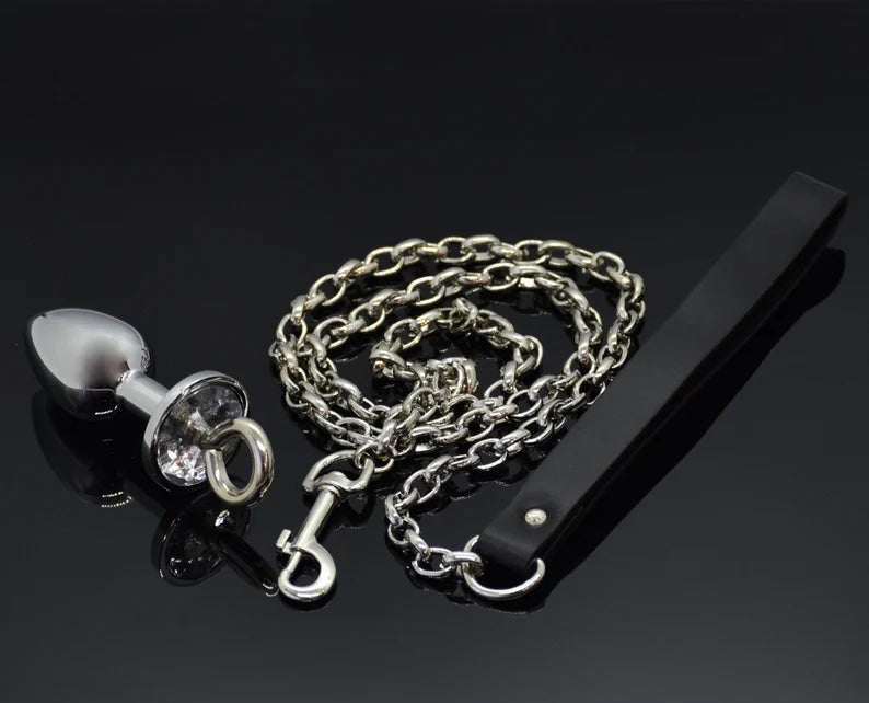 Butt plug with leash, metal butt plug with crystal, adult toys, anal plug