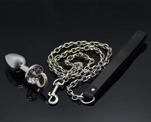 Butt plug with leash, metal butt plug with crystal, adult toys, anal plug