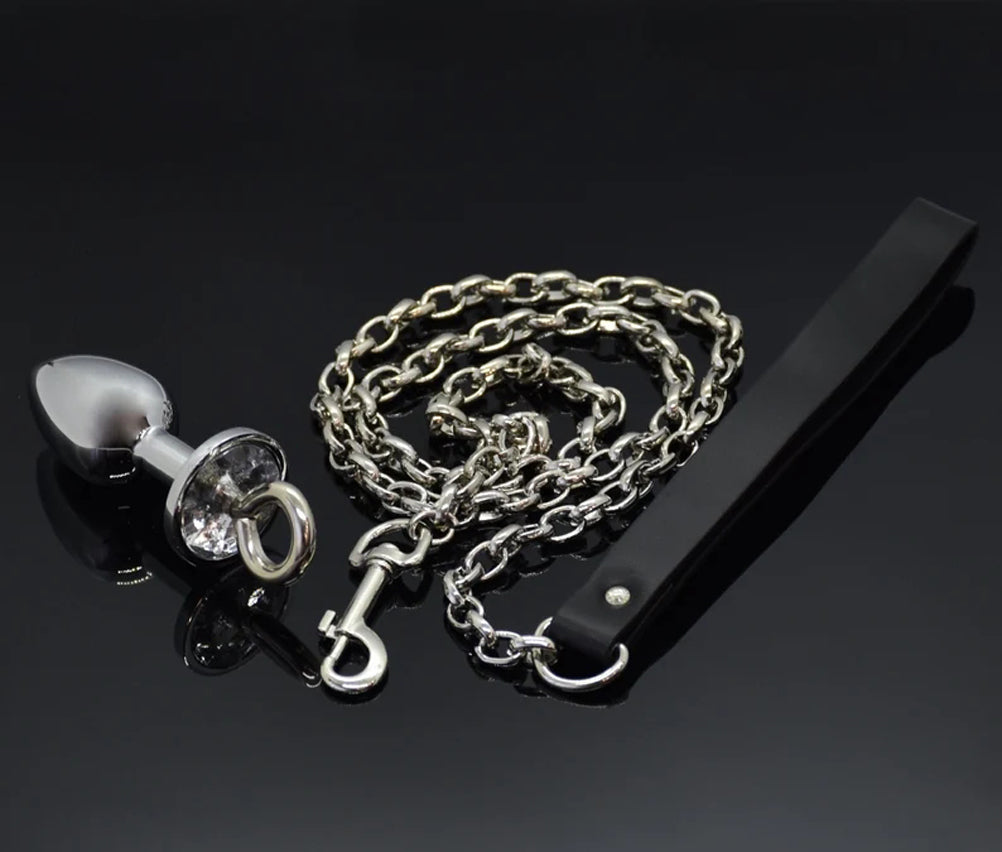 Butt plug with leash, metal butt plug with crystal, adult toys, anal plug