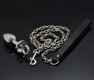 Butt plug with leash, metal butt plug with crystal, adult toys, anal plug