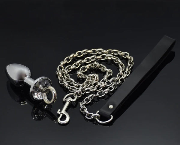 Butt plug with leash, metal butt plug with crystal, adult toys, anal plug