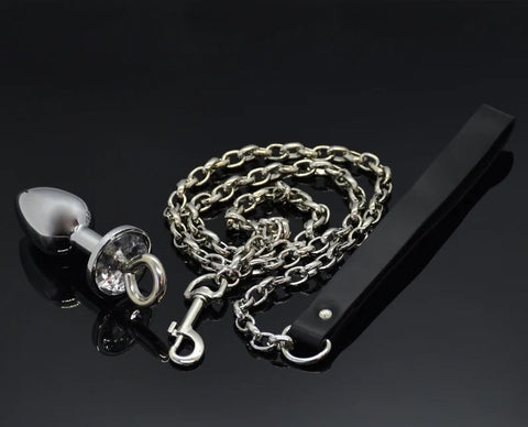Butt plug with leash, metal butt plug with crystal, adult toys, anal plug
